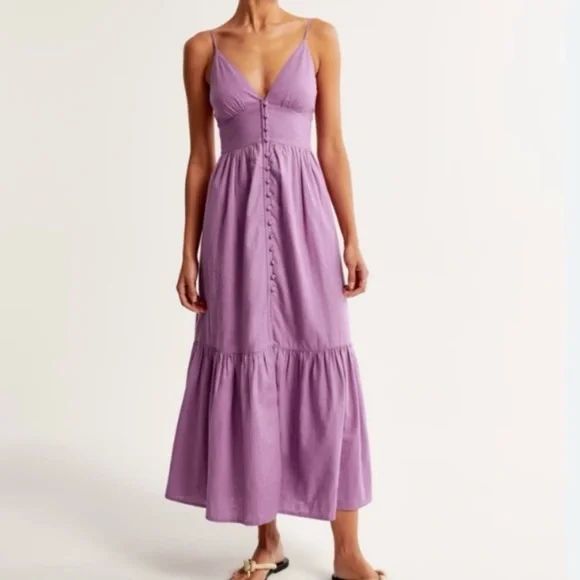 Abercrombie & Fitch Linen-Blend Button-Through Maxi Dress Purple - Picture 1 of 6